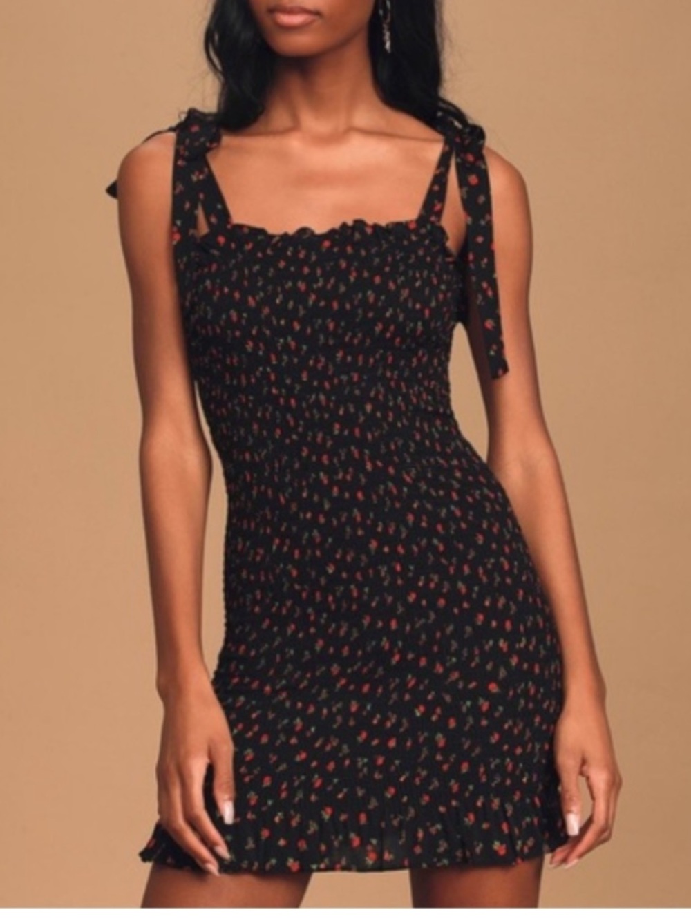 Free People Bella Black Floral Print Smocked Bodycon Mini Dress Large